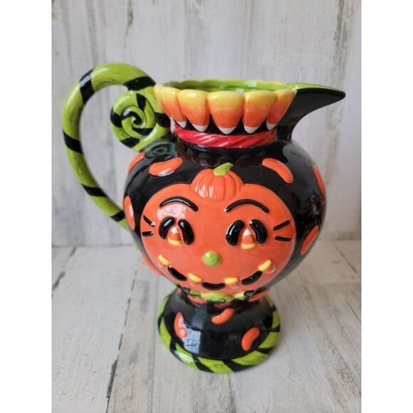 Neiman Marcus AS IS Halloween pitcher Ceramic Jack O'Lantern candy corn - Picture 1 of 12